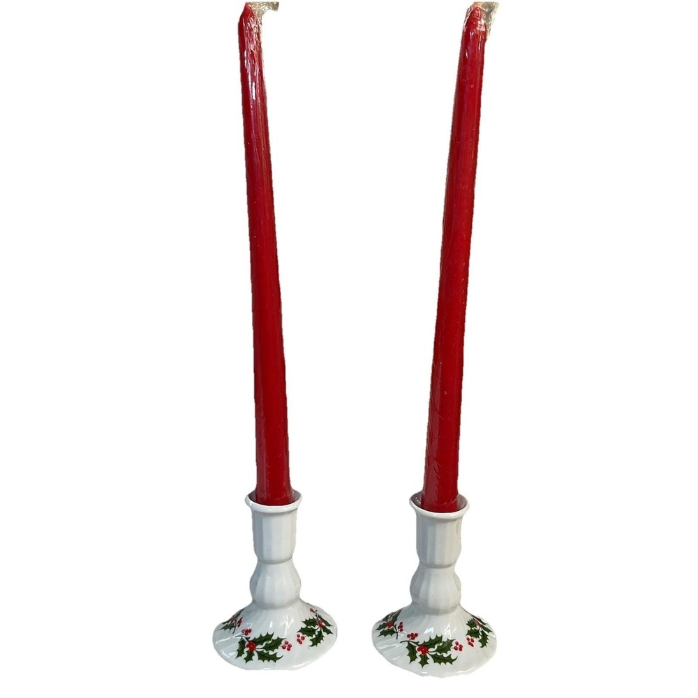 VTG Christmas Holly Fine Porcelain 2 Candle Holders 4" made in Japan NO CANDLES